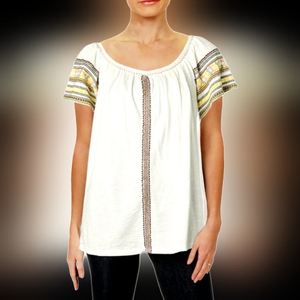 Lucky Brand Women's 100%Cotton White Embroidered Top Blouse On/Off Shoulders XL